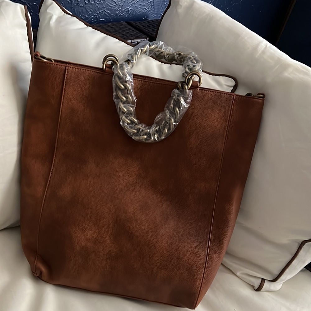 Deux Lux- Cognac Roma North South large faux leather chain handle tote NWT